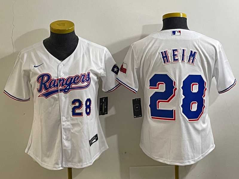 Youth Texas Rangers #28 Jonah Heim Number White 2023 World Series Champions Cool Base Jersey